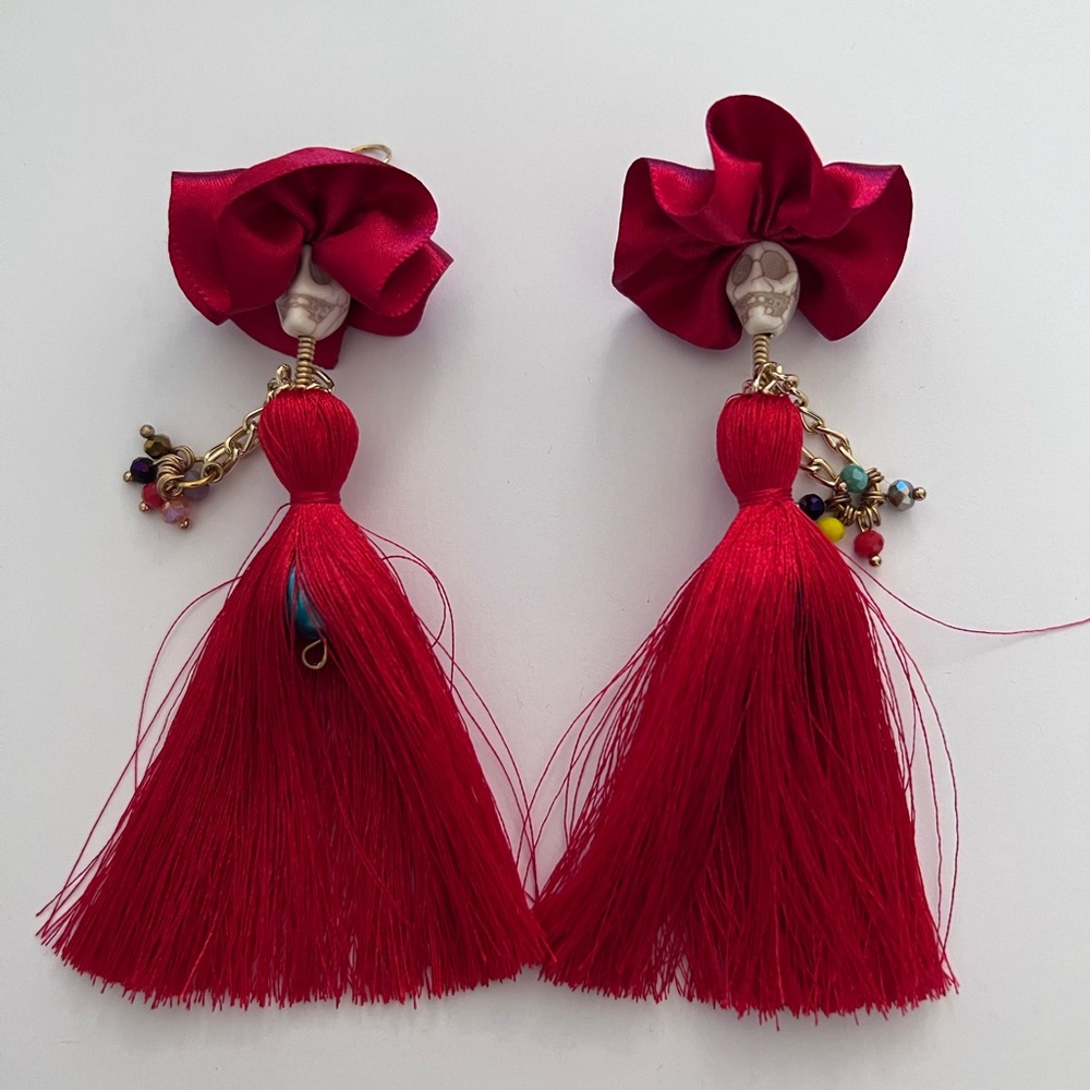 HALLOWEEN DAY OF THE DEAD LADY SKELETON Tassel DANGLE EARRINGS. Various Colors.
